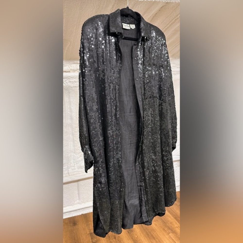 Vintage black sequin collared shirt dress, duster‎ size Med